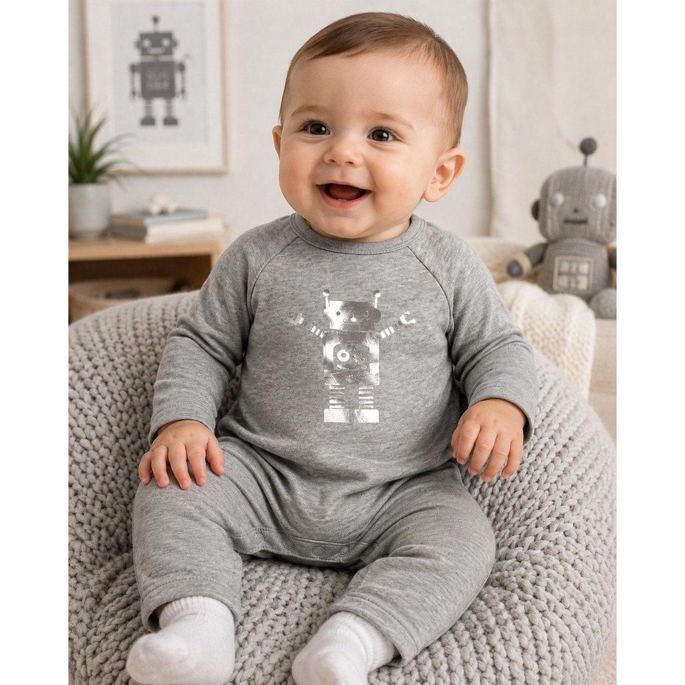 Old Navy Baby Boys 3-6M Gray Robot Sweatshirt‎ Knit Long Sleeve Romper